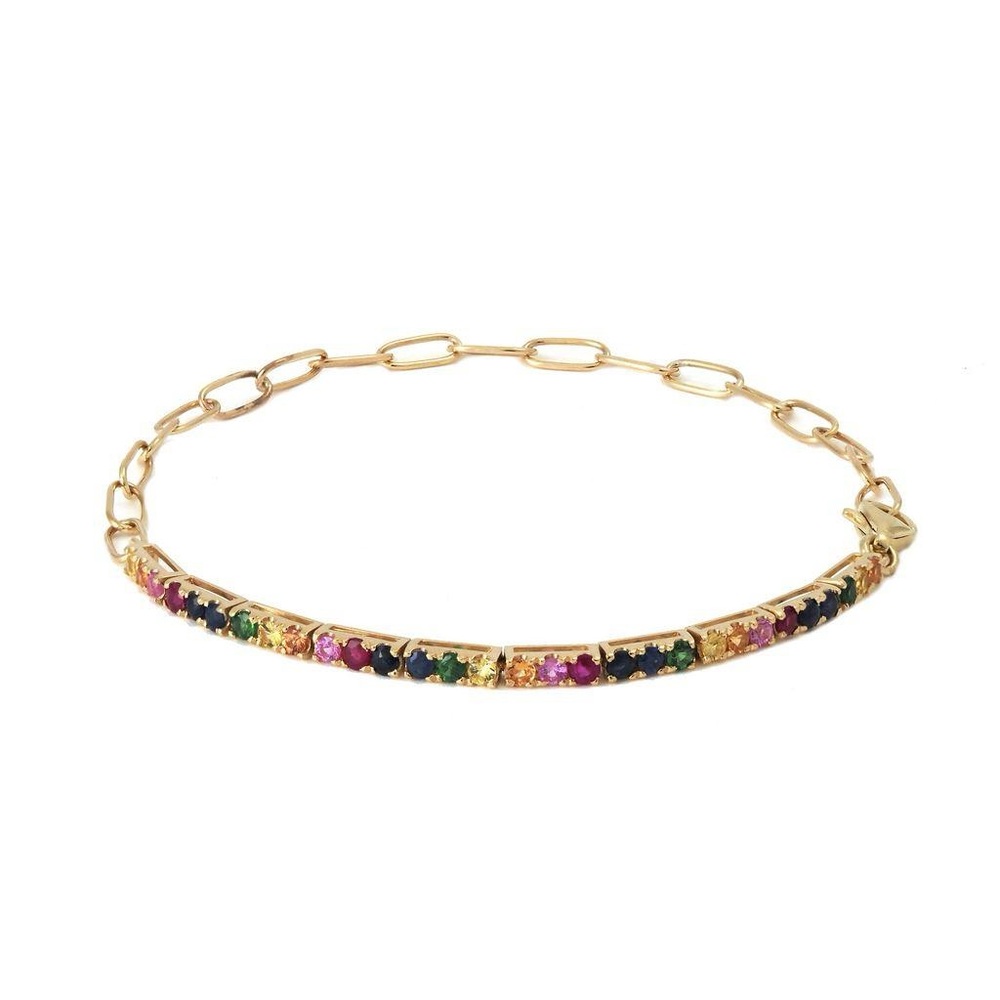 14K Real Yellow Gold Paper Clip Round Prong Multi-Gem Bracelet 7"
